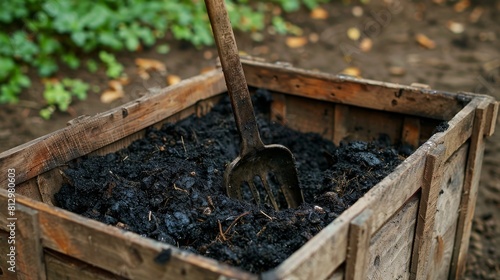 Garden fork turning black composted soil in wooden compost bin