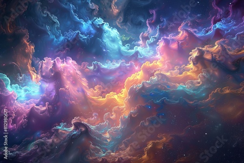 A colorful space scene with a mix of blue, pink, and yellow clouds