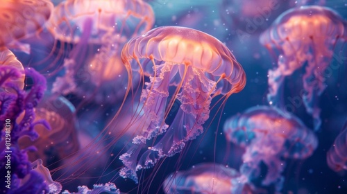 A tranquil underwater scene featuring a group of gracefully floating jellyfish in a deep ocean