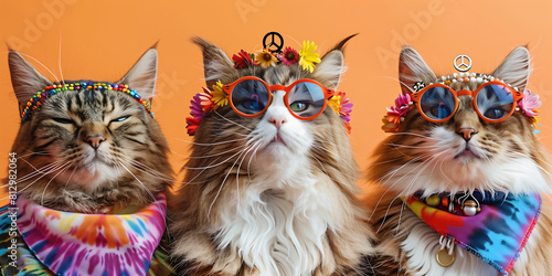 Hippie Cats with Peace Symbols and Flowers