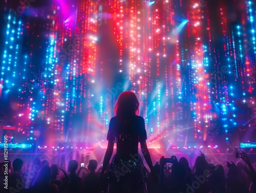 Design a futuristic 3D rendering of a singer in a holographic concert