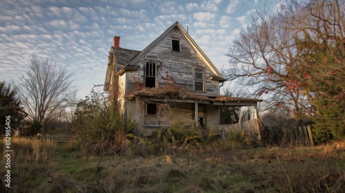 A run down house with a porch and a chimney