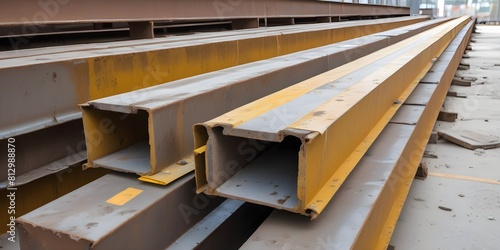 Steel beams stacked in a construction site, with a yellow safety line visible on the floor