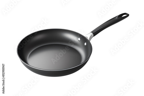 Nonstick frying pan with a long handle. It is black in color. Isolated on a transparent background.