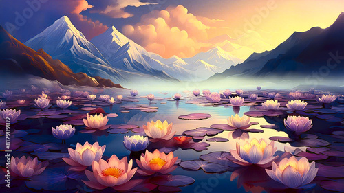 Magic Himalayan steam lake with lotuses floating on the water.