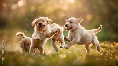 Playful Puppies Tumbling in a Field with Dynamic Movement and Natural Lighting