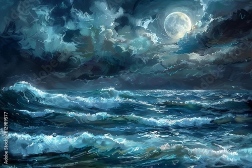 turbulent ocean waves under moonlight stormy sea digital seascape painting