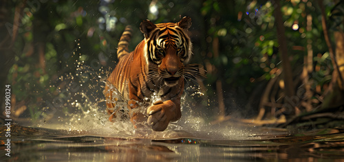 Tiger runs in water in forest background - Ai Generated