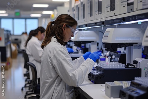 Genomic Sequencing Laboratory: A photograph of a genomic sequencing laboratory, with scientists conducting DNA sequencing and genetic analysis