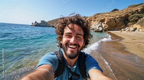 A man standing on a beach, capturing a selfie with his phone