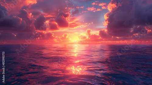 A vibrant sunset over a calm ocean, with the sky ablaze in shades of orange, pink, and purple, casting a warm glow on the water
