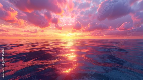 A vibrant sunset over a calm ocean, with the sky ablaze in shades of orange, pink, and purple, casting a warm glow on the water