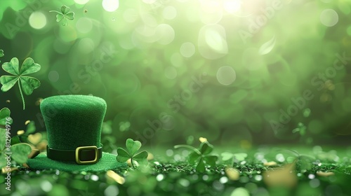 Solid green background with lots of free space with a bit of a realistic small photo of Cloverleaf Shamrock and irish leprechaun hat on the sidelines of the image, 12k,