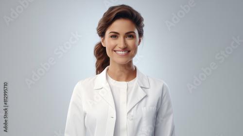 smiling woman in white lab coat posing for a picture