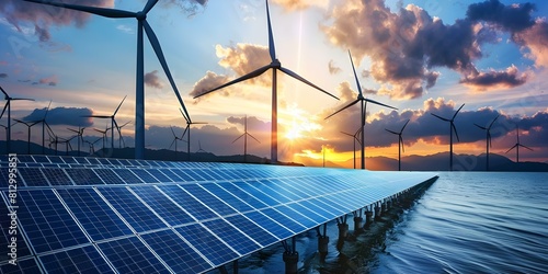 Renewable energy sources like solar wind and sea for sustainable power. Concept Renewable Energy Sources, Solar Power, Wind Energy, Sea Power, Sustainable Power