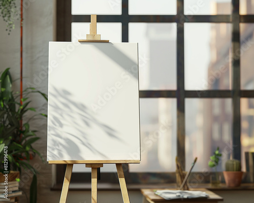 there is a easel with a white canvas on it in front of a window