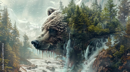 The banner. A bear's head combining elements of nature and fantasy. A combination of wildlife and animals.