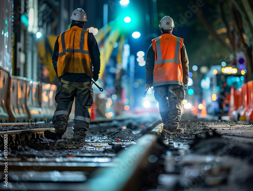 Two construction workers in high-visibility vests walking on a wet urban road at night, illuminated by city lights.
