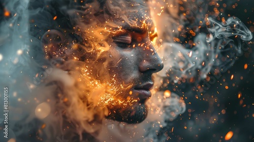 A close-up of a person's profile with eyes closed, immersed in a dynamic and dramatic swirl of bright glowing embers and smoke. The sparks and smoke seem to originate from the person as if they are di