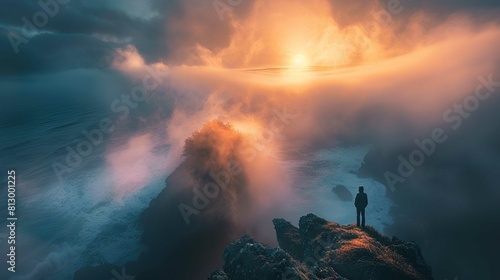 The image captures a dramatic and ethereal coastal scene at sunset or sunrise. A solitary individual stands on a cliff edge, silhouetted against the powerful glow of the sun piercing through a dense v