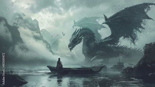 A person clad in dark clothing stands at the stern of a small, wooden rowboat floating in calm waters. They gaze at an immense, dark-scaled dragon with large wings and sharp spines, looming ahead in a
