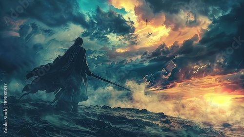 A solitary figure clad in a cloak stands facing a dramatic sky filled with clouds that are illuminated by the warm glow of a setting or rising sun. The person is holding a long sword that extends outw