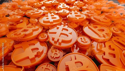 Exploración del universo digital: Bitcoin en una deslumbrante renderización 3D, símbolos naranjas crean un patrón dinámico, moderno y futurista.