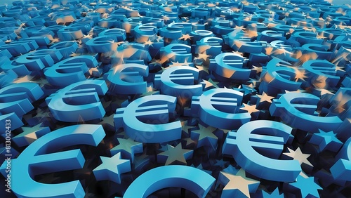 Una atractiva representación 3D que presenta una abundancia de símbolos de EURO € en azul, organizados de manera meticulosa para generar un diseño visualmente agradable y dinámico.