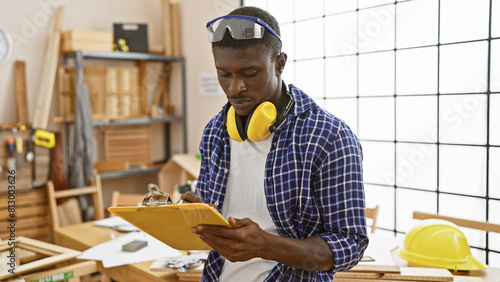 Focused african man in safety gear reviewing plans in a woodworking workshop
