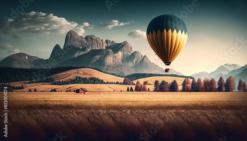 The hot air balloon flies in the sky over the fields and mountains. Generative AI.