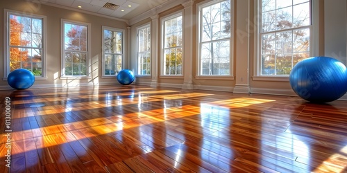Sunny Yoga Studio with Hardwood Floors, Large Windows, and Blue Exercise Ball. Concept Yoga Studio Design, Sunny Spaces, Hardwood Floors, Large Windows, Blue Exercise Ball