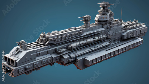 object, battleship railgun, blue background, from side, highly detailed render