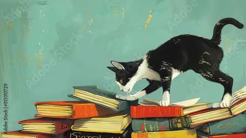 1950s style artwork of a cat knocking over a pile of books