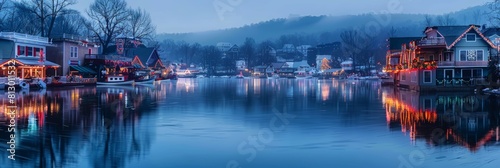 A panorama wallpaper high contrast city on the lake in winter