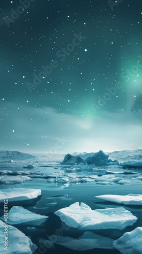 Glaciers and the icebergs of antarctica, northern lights, phone wallpaper illustration