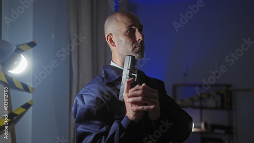 A bald man holding a gun indoors projects a suspicious ambiance, implying potential criminal activity.