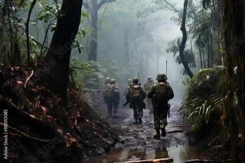 group of soldiers walking through a dense jungle.