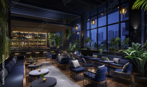 The rooftop bar of the hotel features outdoor seating, surrounded by greenery and overlooking city lights at night. The design incorporates dark gray with light blue accents 