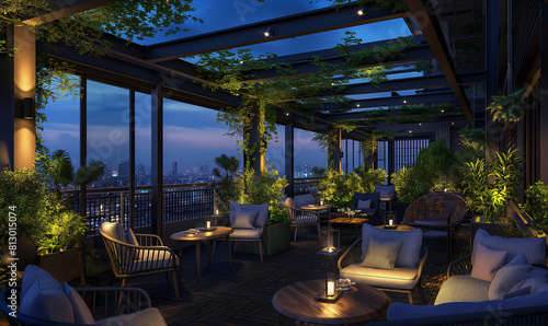 The rooftop bar of the hotel features outdoor seating, surrounded by greenery and overlooking city lights at night. The design incorporates dark gray with light blue accents 