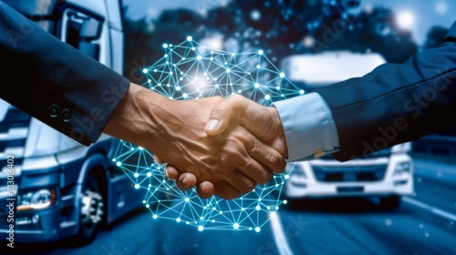 Smart logistics and transportation. Handshake for successful of investment deal teamwork and partnership business partners on logistic global network distribution. Business of transport industrial. 