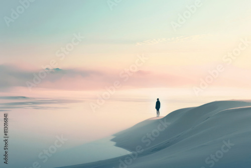 silhouette standing in serene, misty waterscape with ethereal light