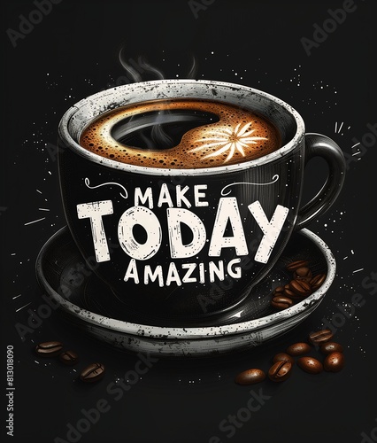 cup coffee saucer spoon exploding background bold wearing black positive energy thick outlines squared border morning marvelous expression middle day legible amazing