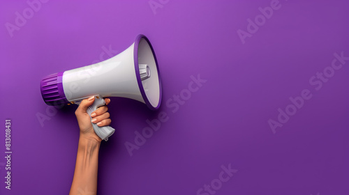 A hand is shown holding a megaphone against an purple background, symbolizing communication or announcement. The image is dynamic and attention-grabbing, with copy space