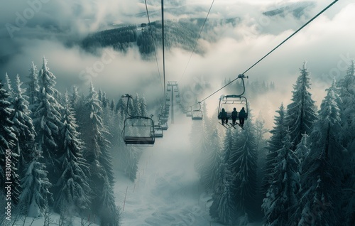 Two People Riding a Ski Lift in the Snow