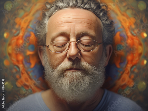Portret - twarz starszego mężczyzny w okularach z zamkniętymi oczami, w stanie głębokiej medytacji.