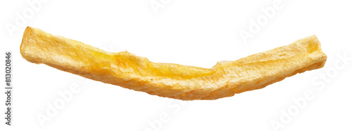 Close-up isolated image of a single golden fried potato chip against a white background, symbolizing fast food and snacks.