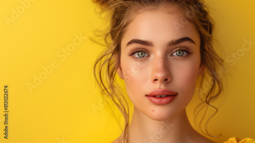 A young attractive woman's face is shown over a yellow background, gesturing a kiss with her lips. This playful and charming conveys affection and positivity, expressing love or sending greetings.