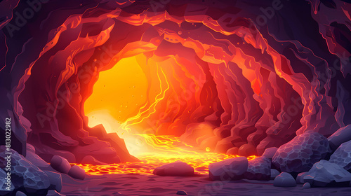 Exploring the mysterious lava tubes and caves: flat design backdrop concept depicting the hidden world of flowing lava beneath the earth s surface.