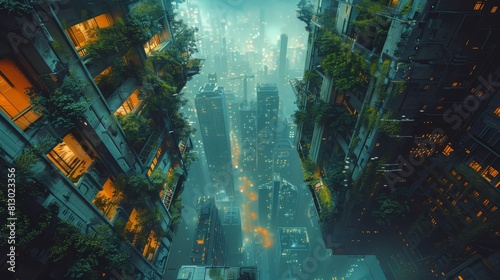 The buildings are covered with plants. The city looks abandoned. It is raining.