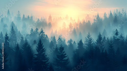 Mysterious Misty Morning in Old Growth Forest A Captivating Flat Design Backdrop Illustration